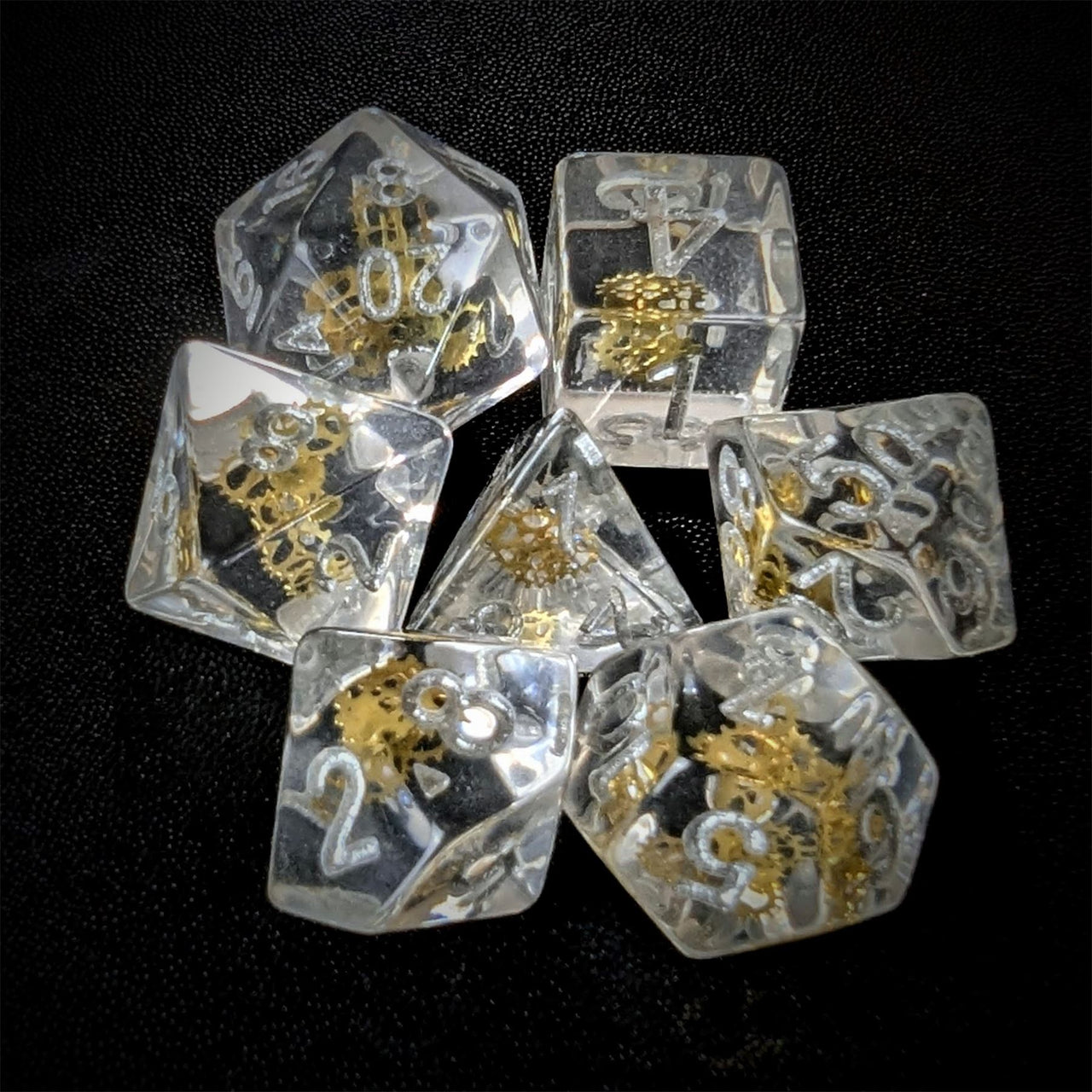 Gold Cogs in Clear Resin - 7pcs RPG Full Dice Set