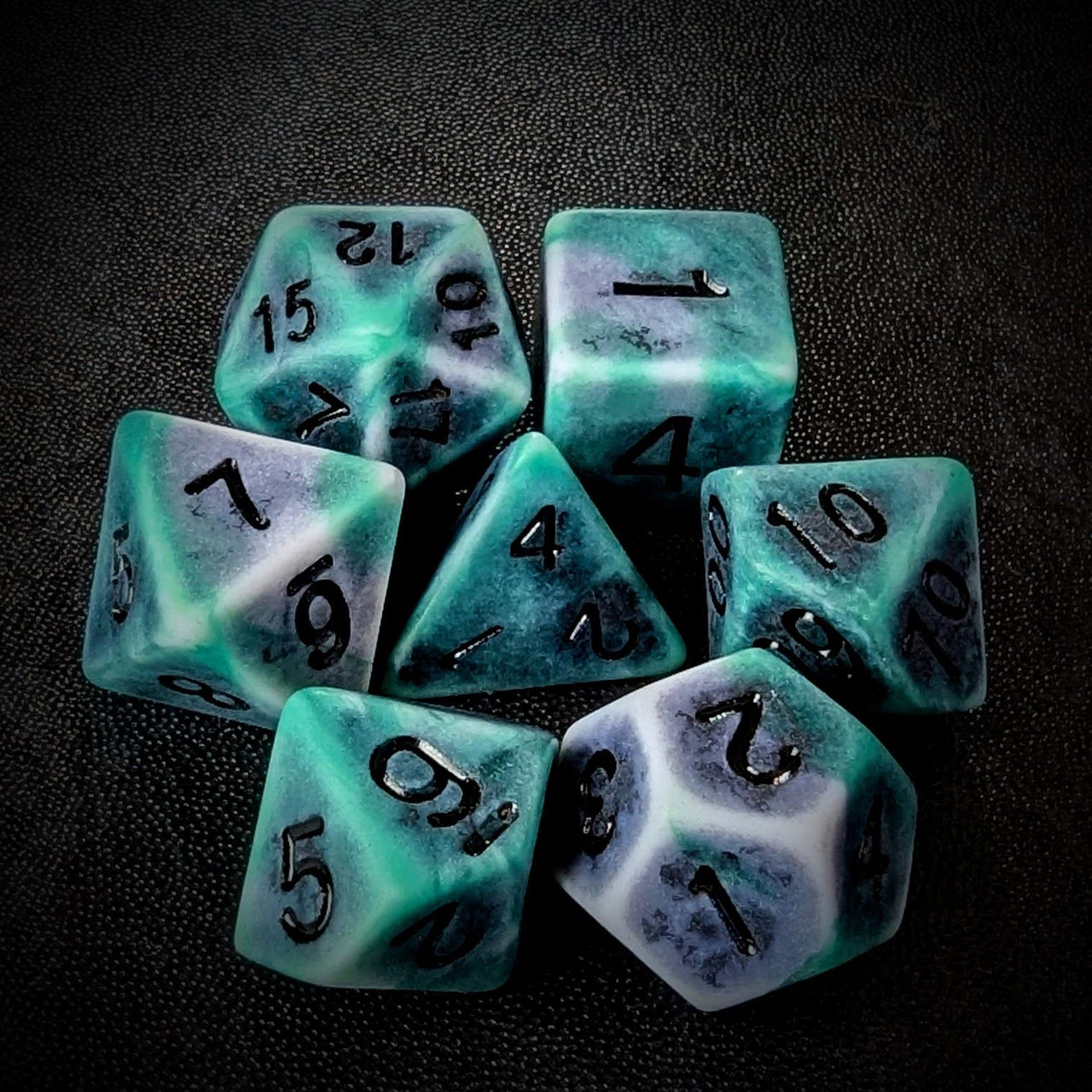 Washed Green on White Acrylic - 7pcs RPG Full Dice Set Top