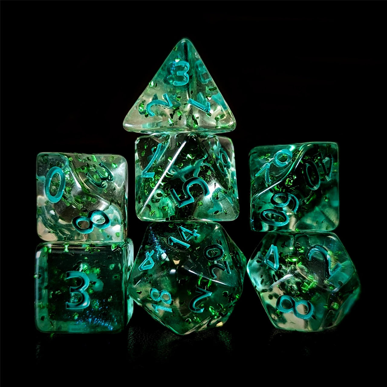 Glitter in Clear Green Acrylic - 7pcs RPG Full Dice Set Dark Stack