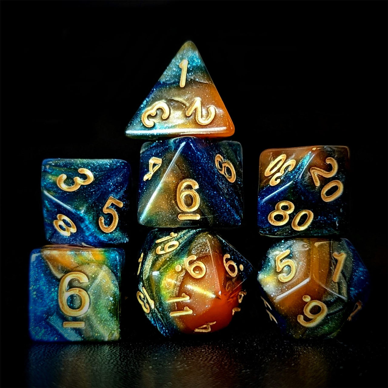 Glitter in Blue & Orange Acrylic - 7pcs RPG Full Dice Set Dark Stack