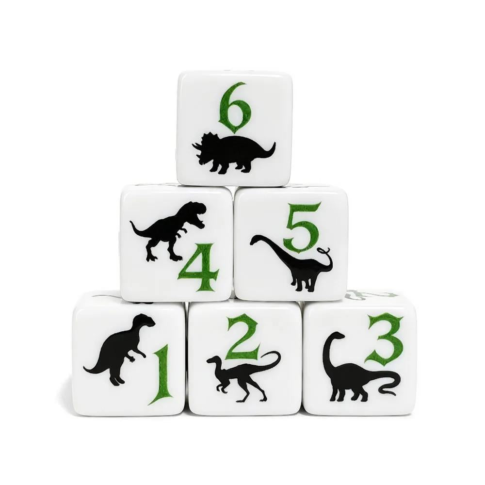 6pcs D6 16mm Dice Acrylic Printed Dinosaur Green Font Black White