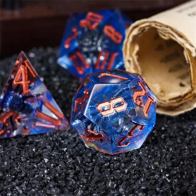 Spider in Clear & Blue Filled Sharp Resin - 7pcs RPG Dice Set