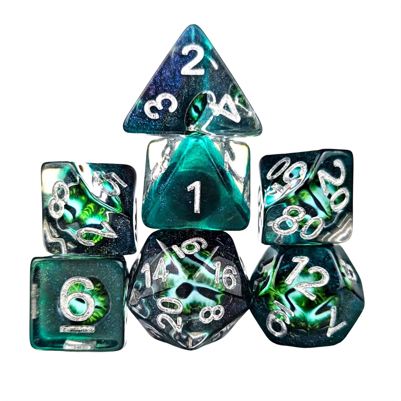 Demon Eye in Clear Green & Teal Resin - 7pcs RPG Full Dice Set