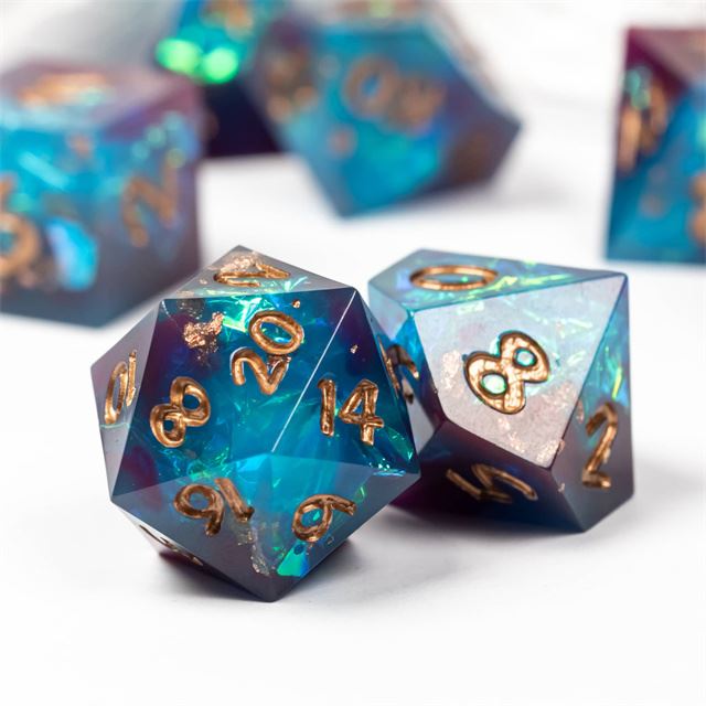 Candy in Blue & Purple with Copper Foil Sharp Resin - 7pcs RPG Dice Set