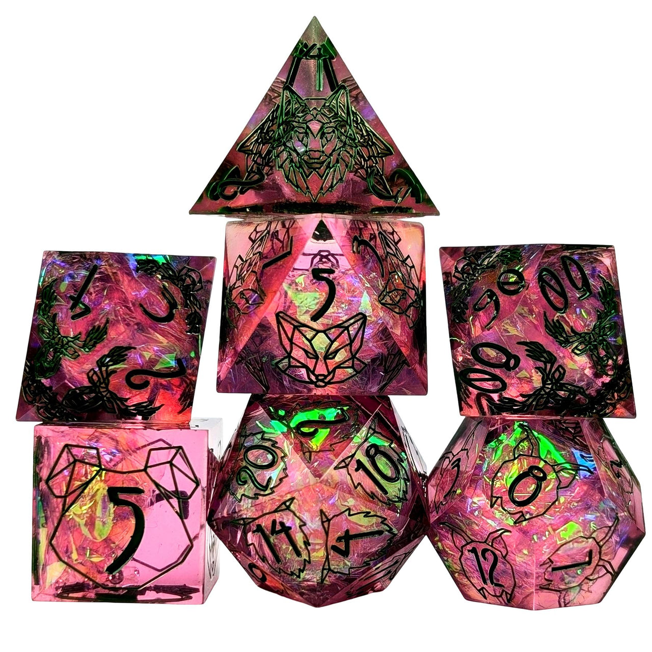 Beasts on Clear & Pink with Candy Sharp Resin - 7pcs RPG Dice Set