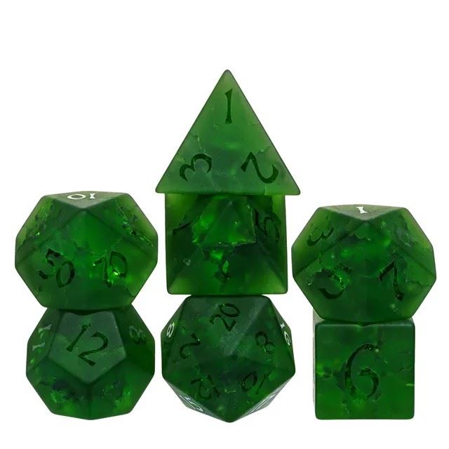 Cracked & Frosted Forest Green Glass - 7pcs RPG Dice Set