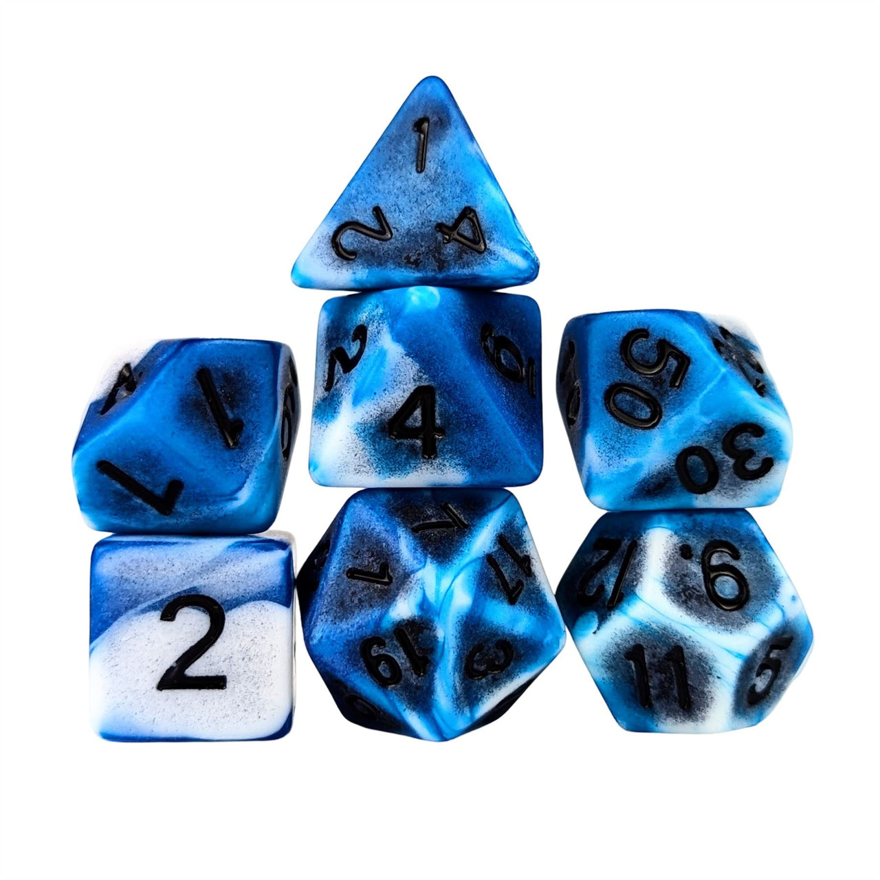 Washed Blue on White Acrylic - 7pcs RPG Full Dice Set White Stack