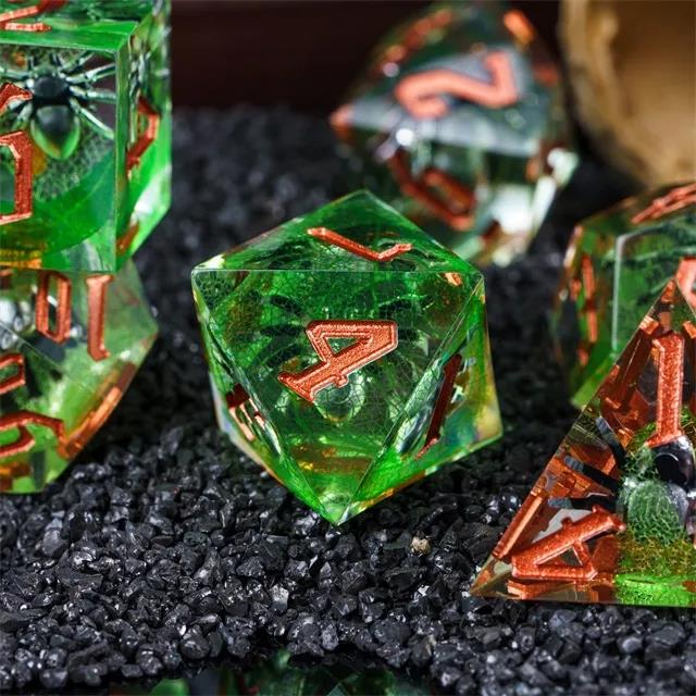 Spider in Clear & Green Filled Sharp Resin - 7pcs RPG Dice Set