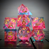 Thumbnail for 7pcs Dice Sharp Filled Liquid Gold Font Blue Pink