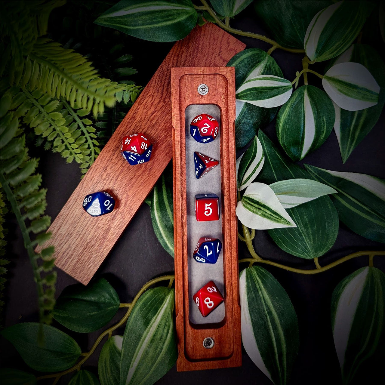 Blend of Red & Blue Acrylic - 7pcs RPG Full Dice Set Box Setup