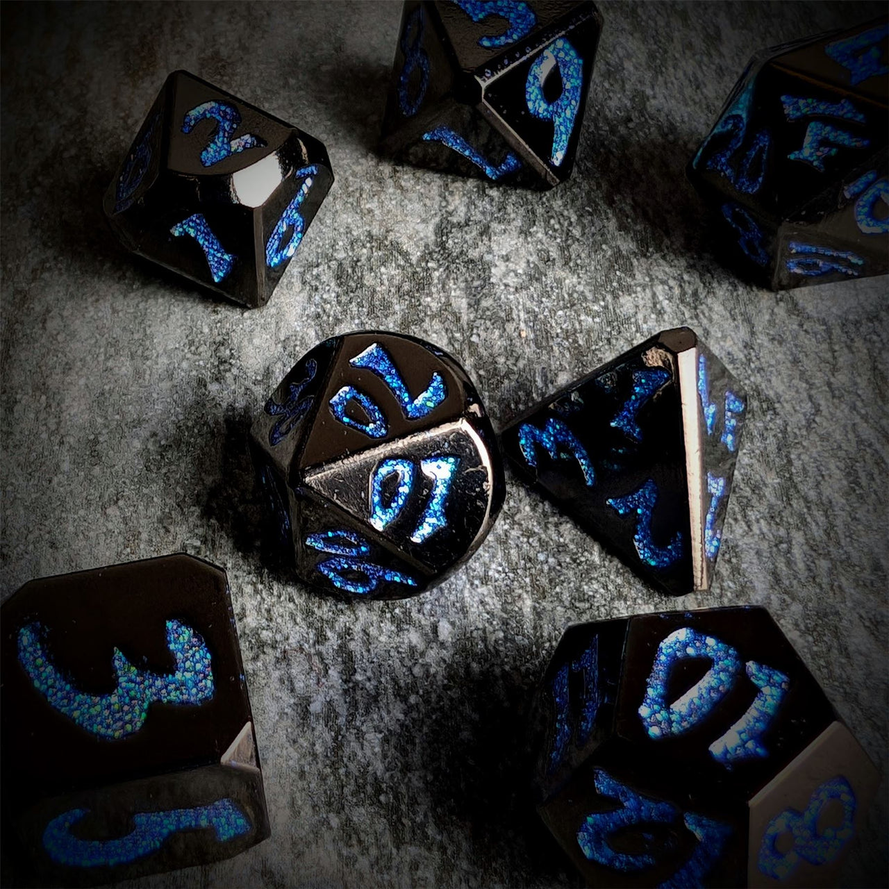 Blue Font in Black Metal - 7pcs RPG Dice Set