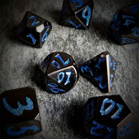 Thumbnail for Blue Font in Black Metal - 7pcs RPG Dice Set