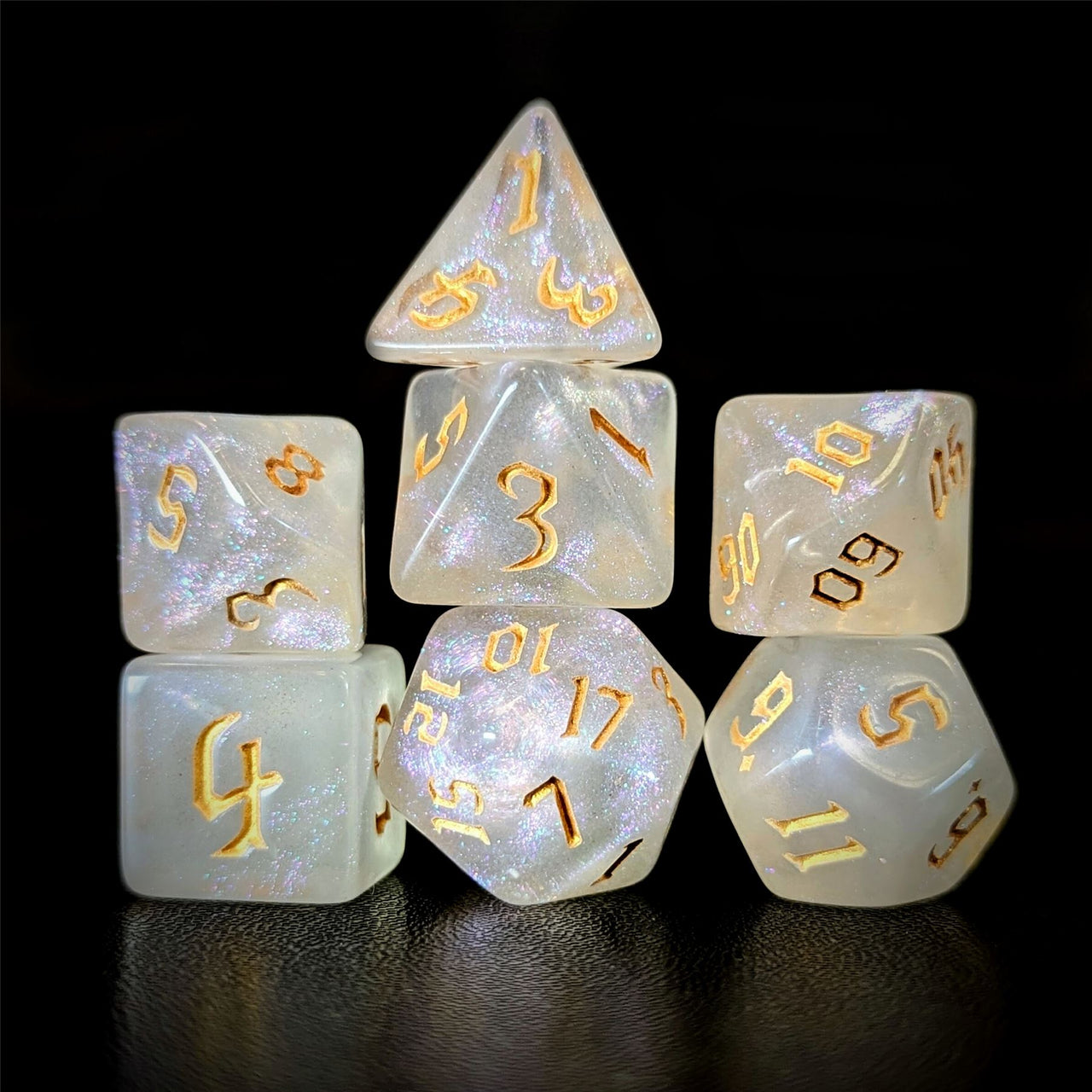 Glitter in White Acrylic with Gold Font - 7pcs RPG Full Dice Set Dark Stack