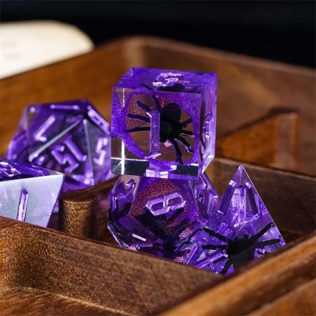 Spider in Clear & Purple Filled Sharp Resin - 7pcs RPG Dice Set