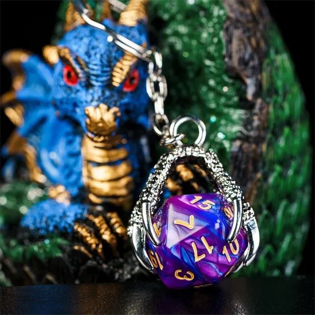 Purple & Blue Acrylic in  Silver Metal Claw - D20 Keyring