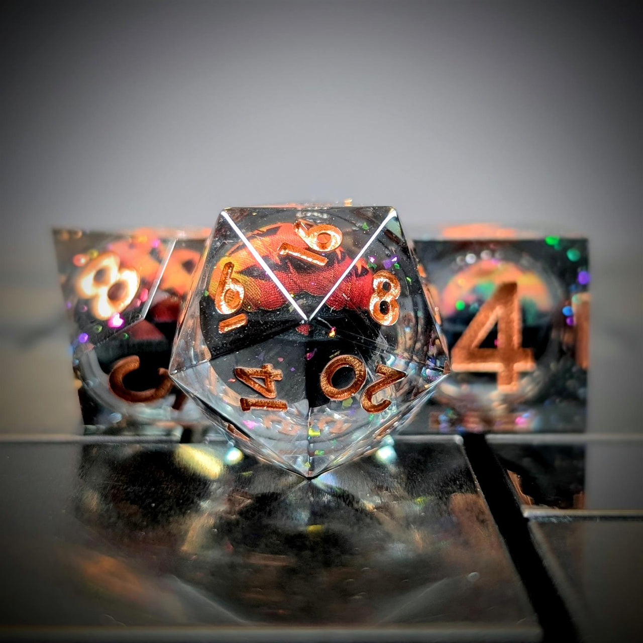 7pcs Dice Sharp Filled Liquid Copper Font Pumpkin Black Clear