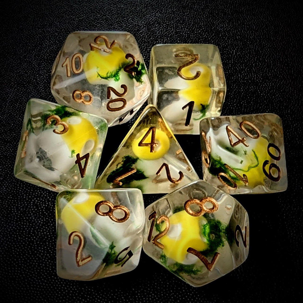 Yellow Mushroom in Clear Resin - 7pcs RPG Full Dice Set