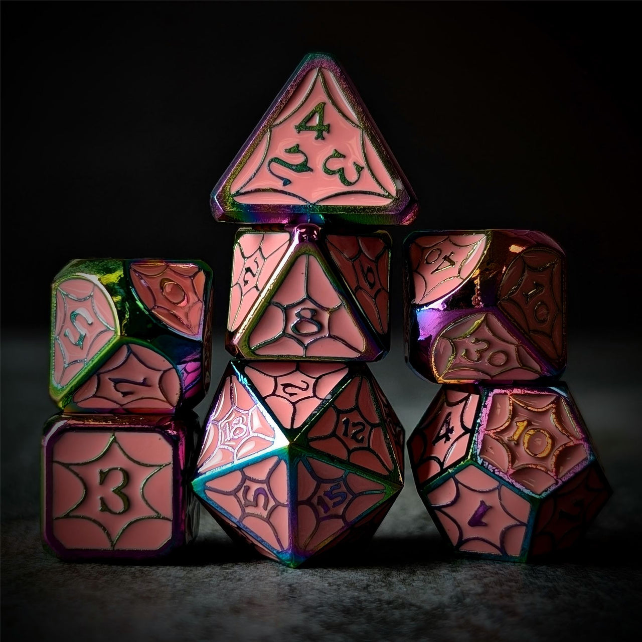 Pink Spider's Web in Rainbow Metal - 7pcs RPG Dice Set