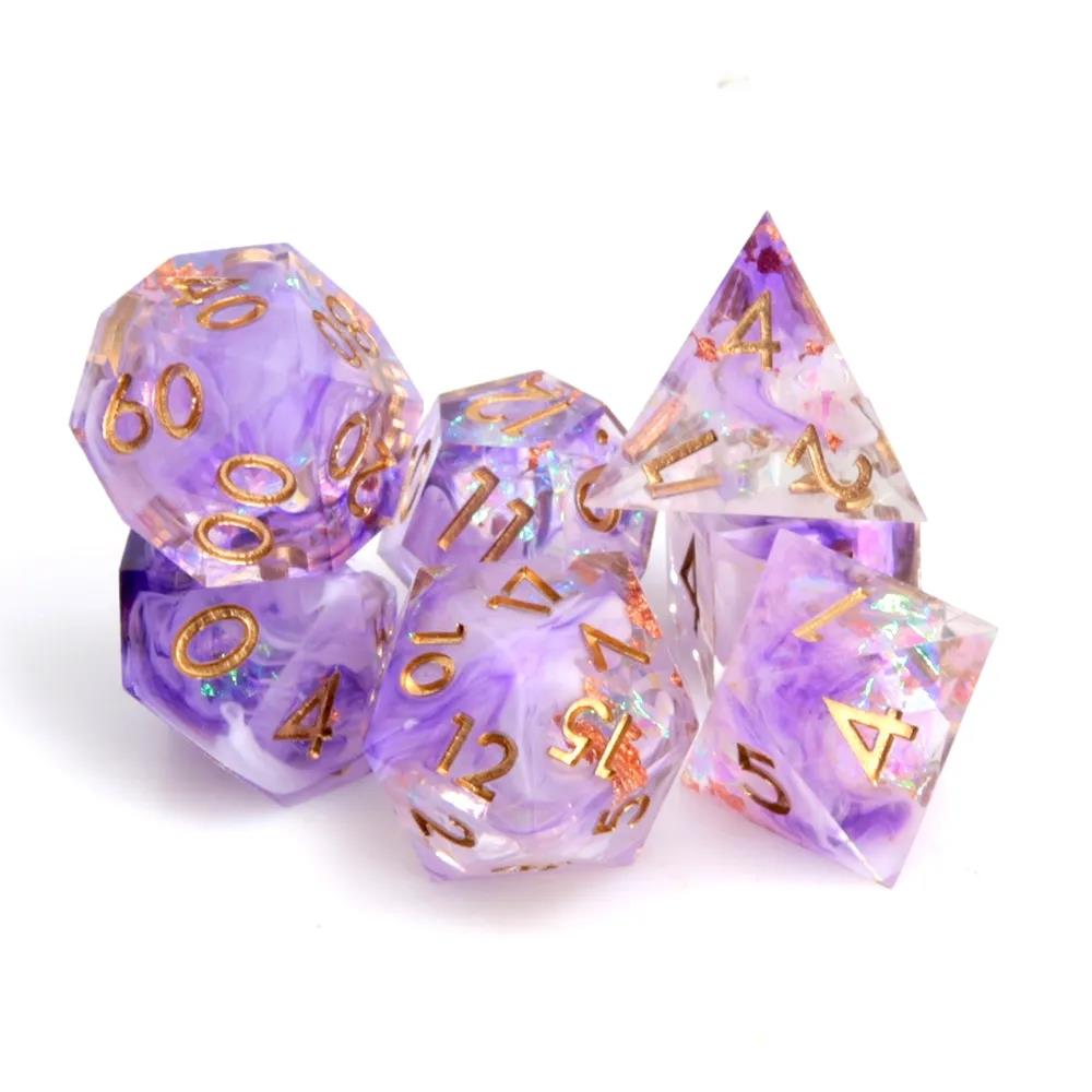 Purple Swirl in Clear with Copper Candy Sharp Resin - 7pcs RPG Dice Set