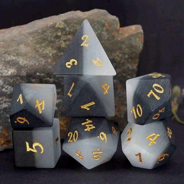 Frosted Grey Cat Eye Gemstone - 7pcs RPG Dice Set