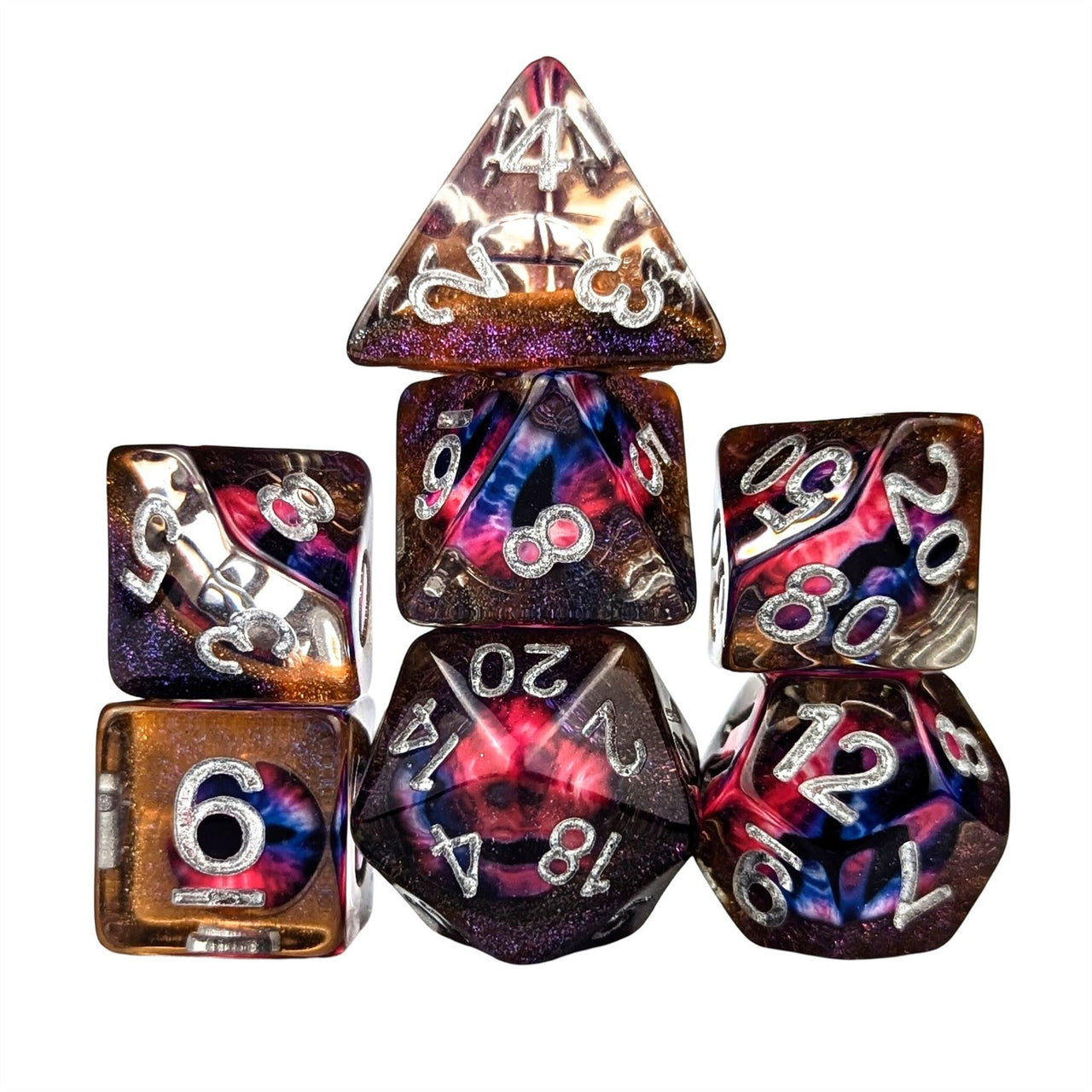 Demon Eye in Clear & Orange & Blue Resin - 7pcs RPG Full Dice Set