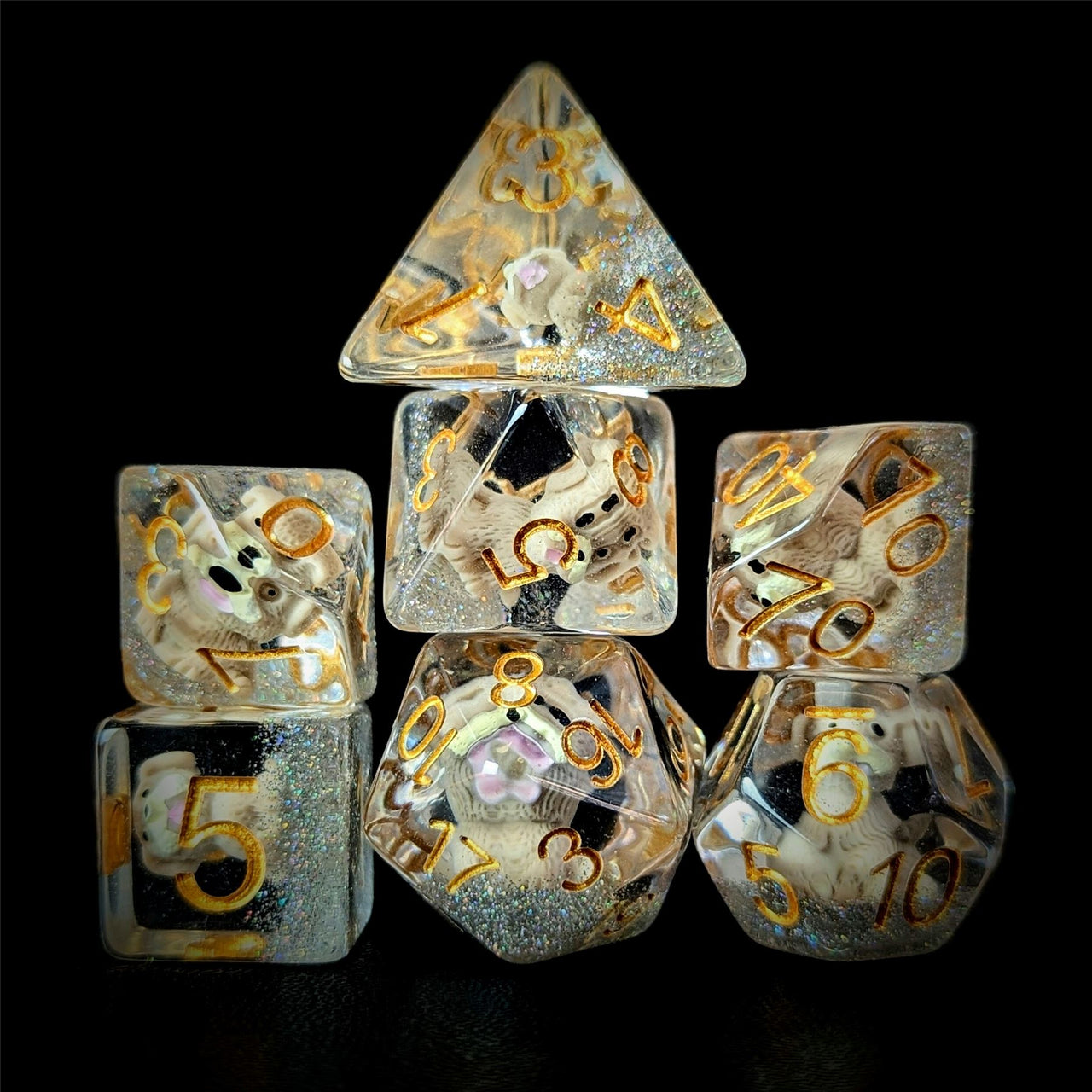 White Dog in Clear Resin - 7pcs RPG Full Dice Set