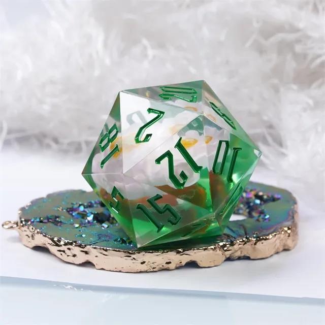 White Flower in Clear & Green Sharp Resin - D20 RPG Dice