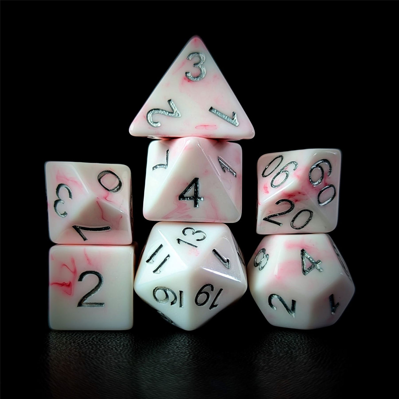 Pink Swirl in White Resin - 7pcs RPG Full Dice Set