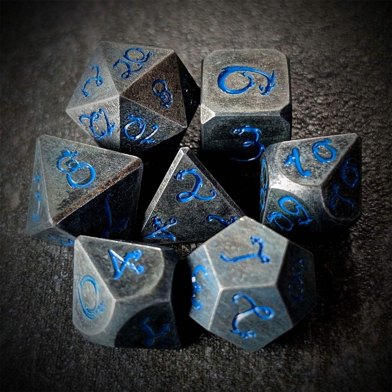 Silver Metal with Blue Dragon Font - 7pcs RPG Dice Set