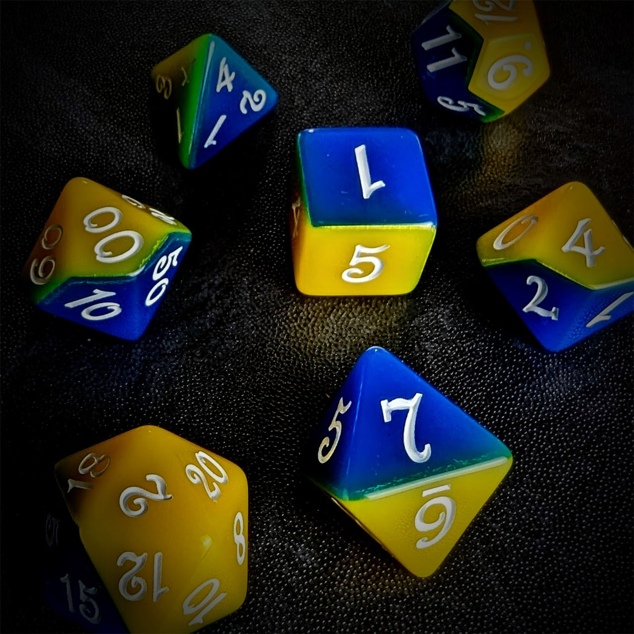 Blend of Yellow & Blue Acrylic - 7pcs RPG Full Dice Set Scatter