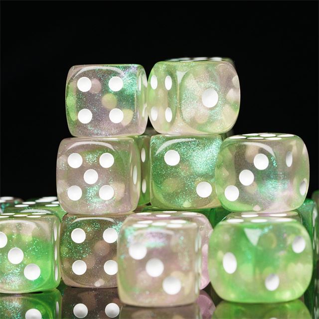 16mm Green & Pink Acrylic with Glitter - 6pcs D6 RPG Dice Set