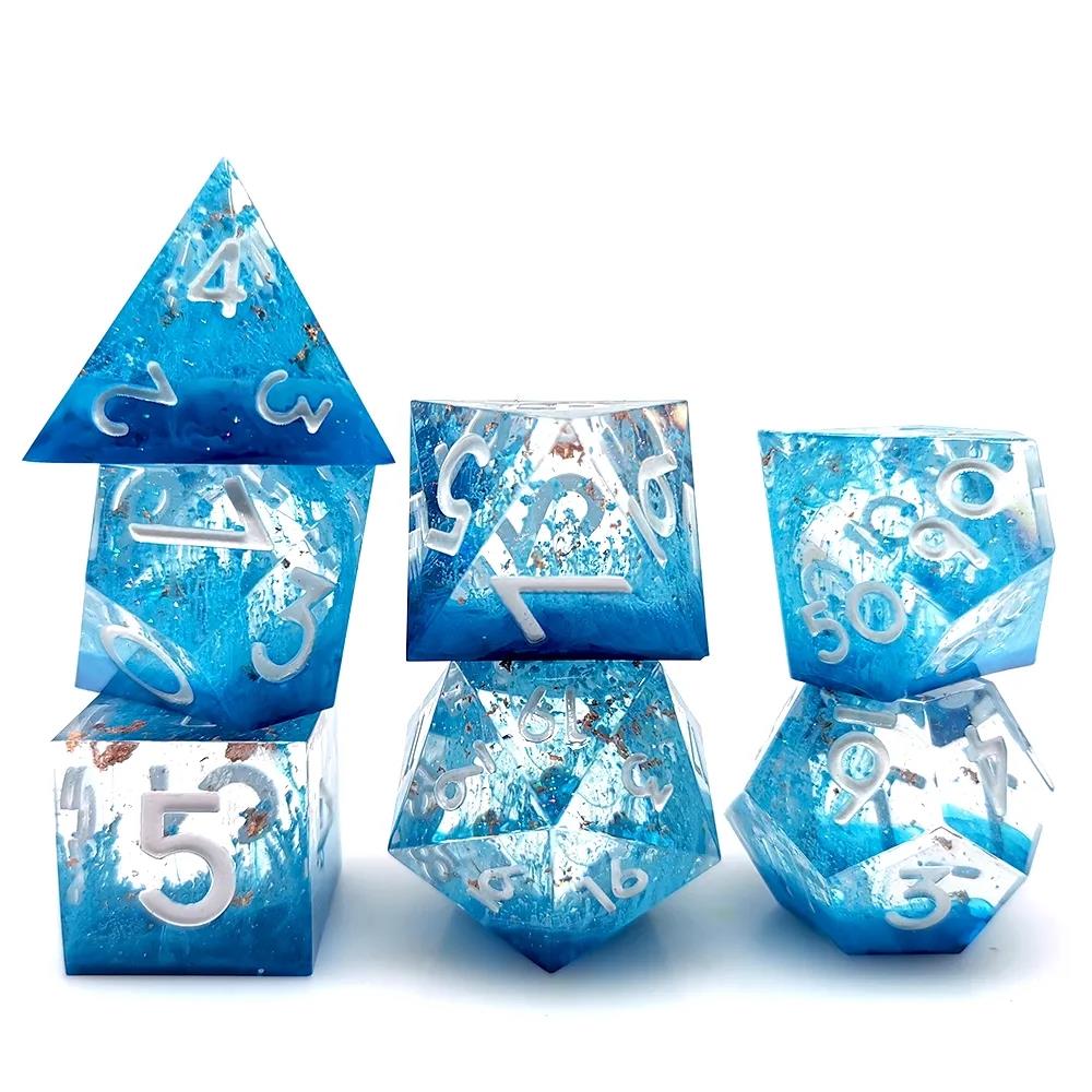 Blue Swirl in Clear with Copper Foil Sharp Resin - 7pcs RPG Dice Set