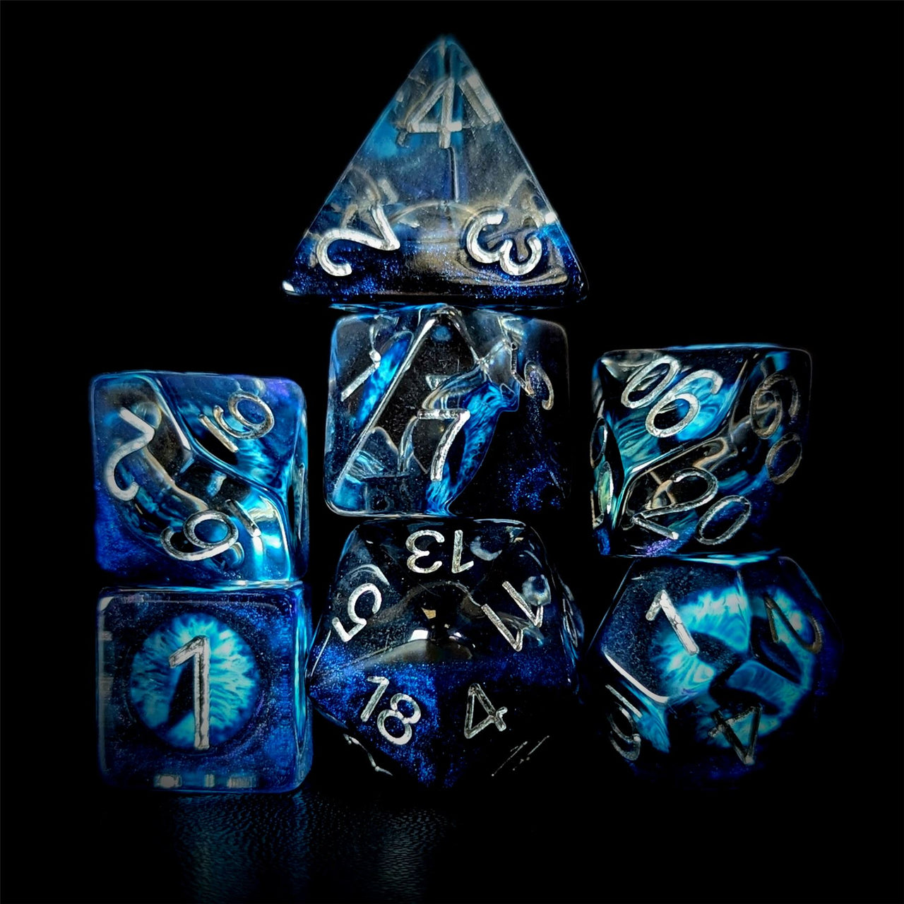 Demon Eye in Clear & Royal Blue Resin - 7pcs RPG Full Dice Set