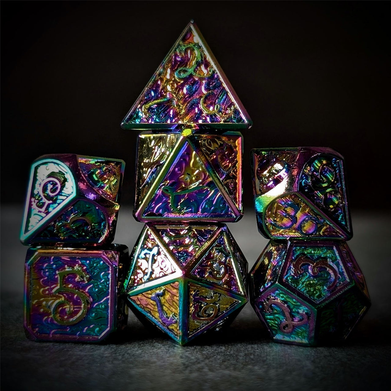 Rainbow Metal with Dragon Font - 7pcs RPG Dice Set