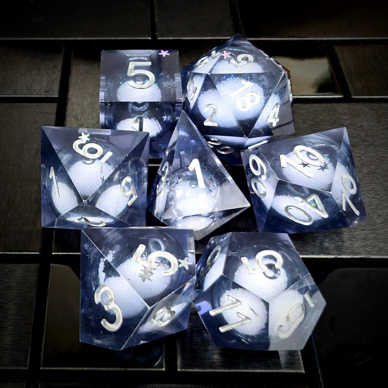 White Sand in Dark Blue Liquid Filled Sharp Resin - 7pcs RPG Dice Set