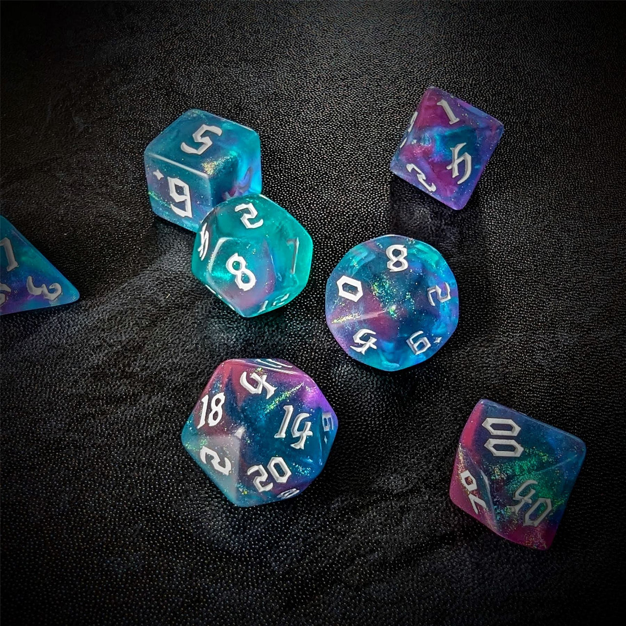 Glitter in Blue & Pink Acrylic - 7pcs RPG Full Dice Set Scatter