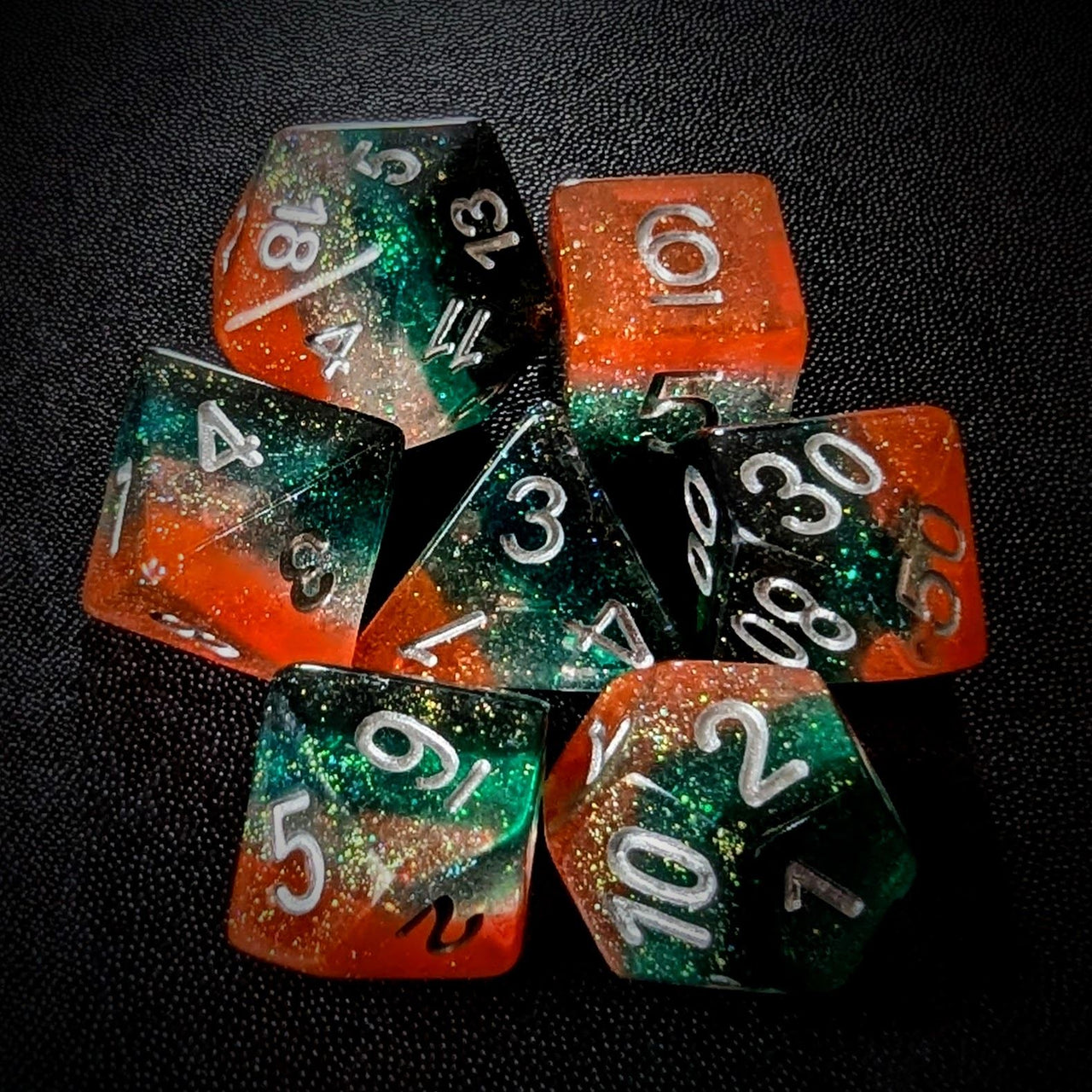 Glitter in Green, Teal & Orange Resin - 7pcs RPG Full Dice Set