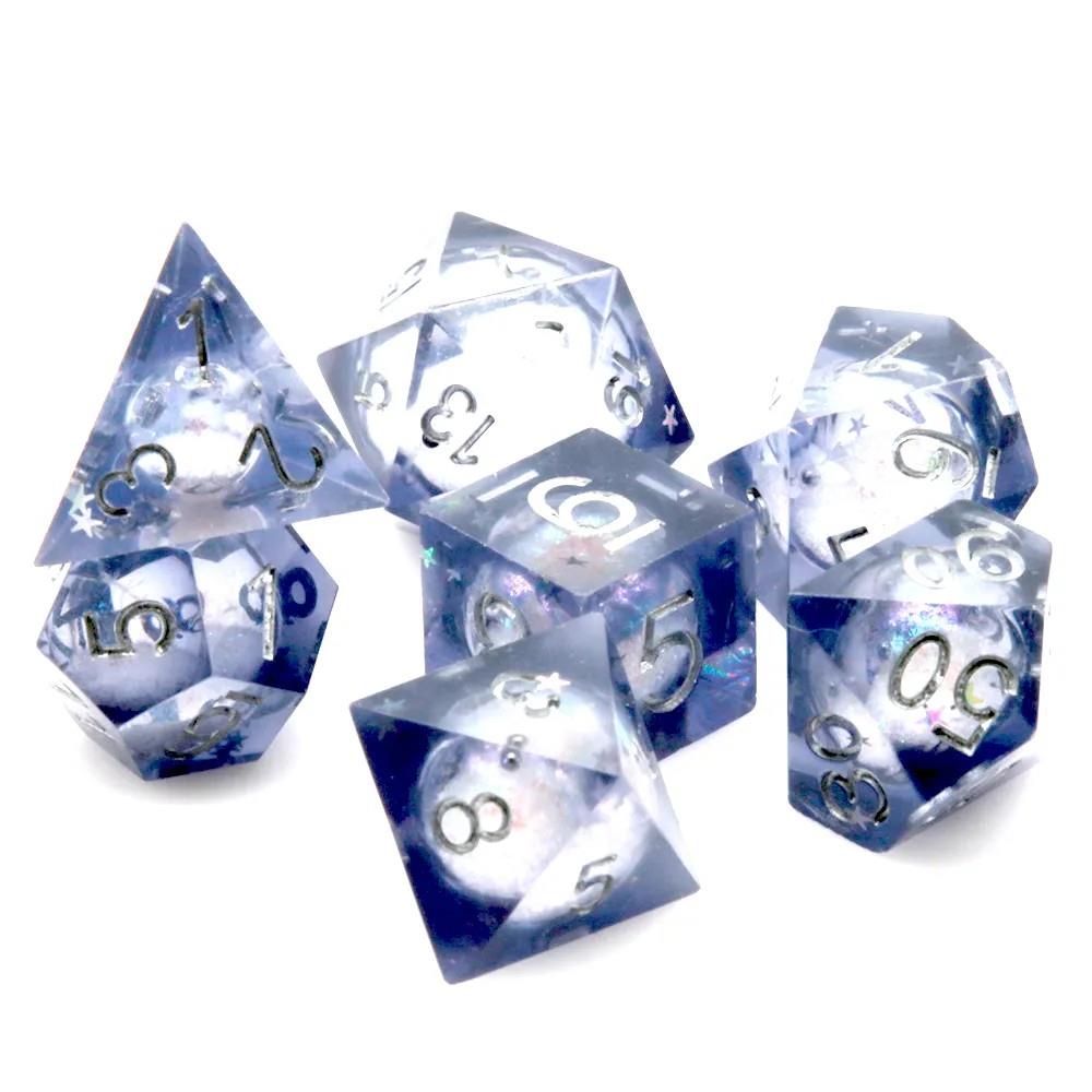 White Sand in Dark Blue Liquid Filled Sharp Resin - 7pcs RPG Dice Set