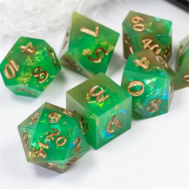 Candy in Green & Orange with Copper Foil Sharp Resin - 7pcs RPG Dice Set