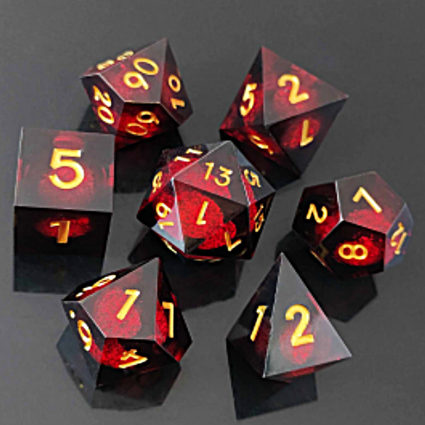 7pcs Dice Sharp Filled Liquid Gold Font Red