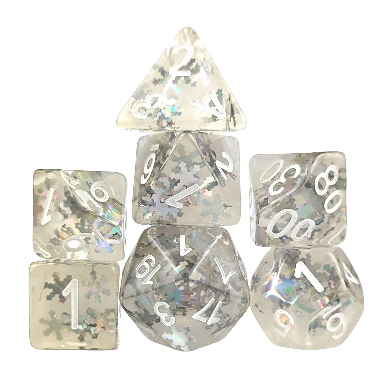 Snowflakes in Clear & White Resin - 7pcs RPG Full Dice Set