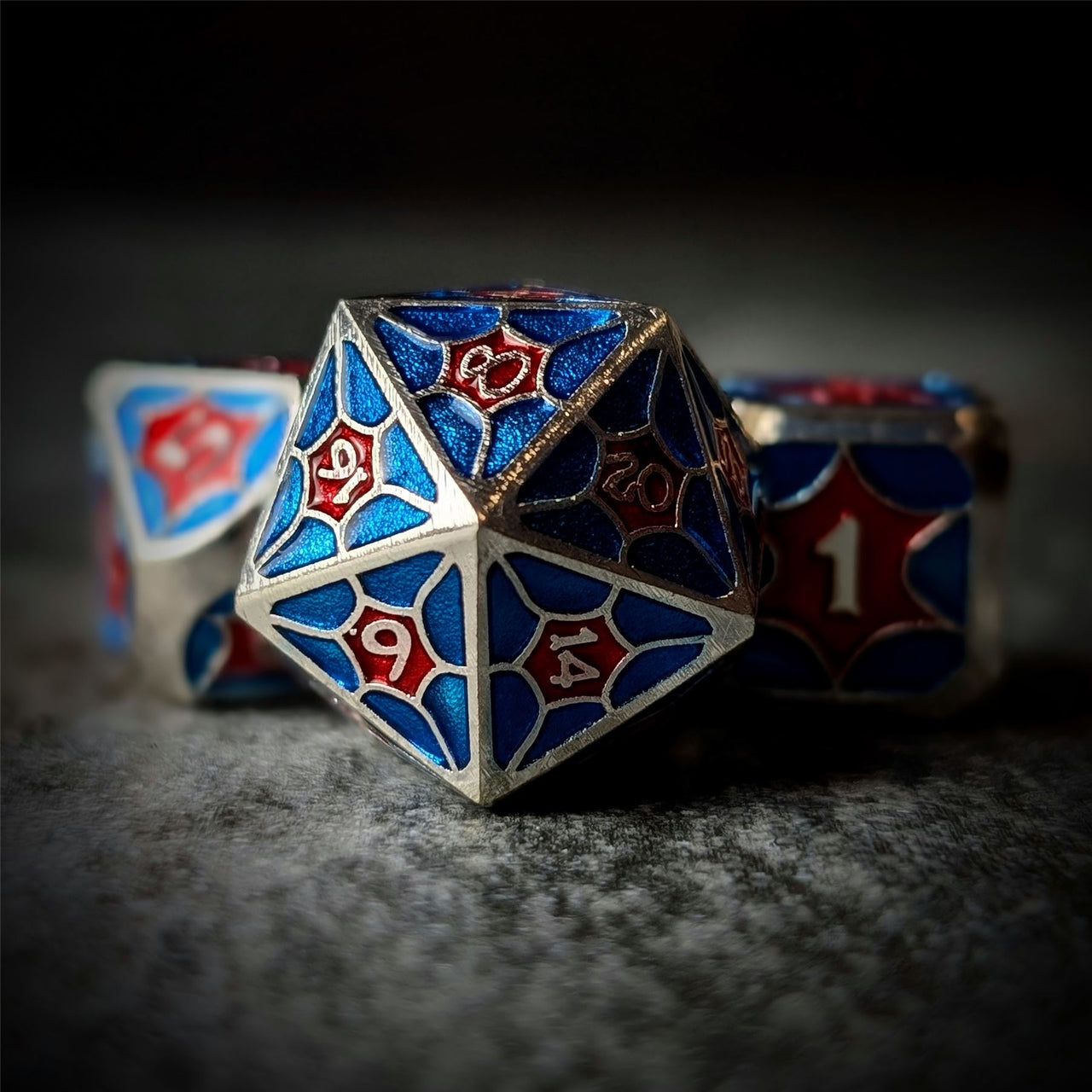 Blue & Red Spider's Web in Silver Metal - 7pcs RPG Dice Set