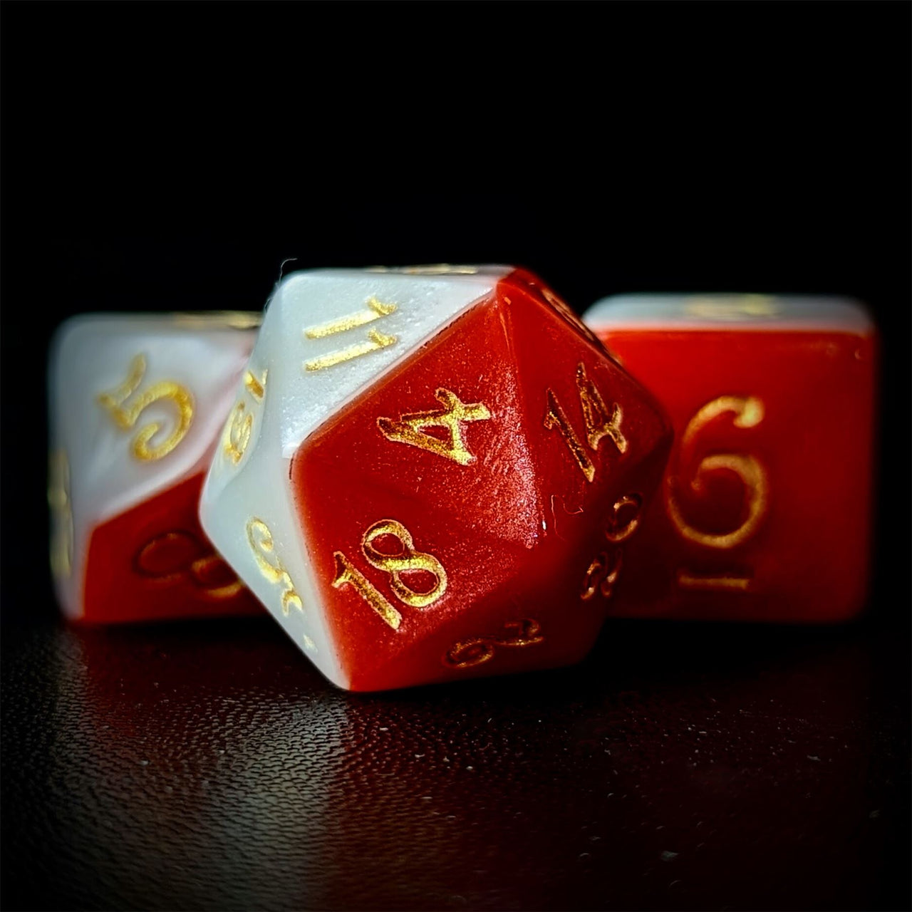 Blend of Red & White Acrylic - 7pcs RPG Full Dice Set Close