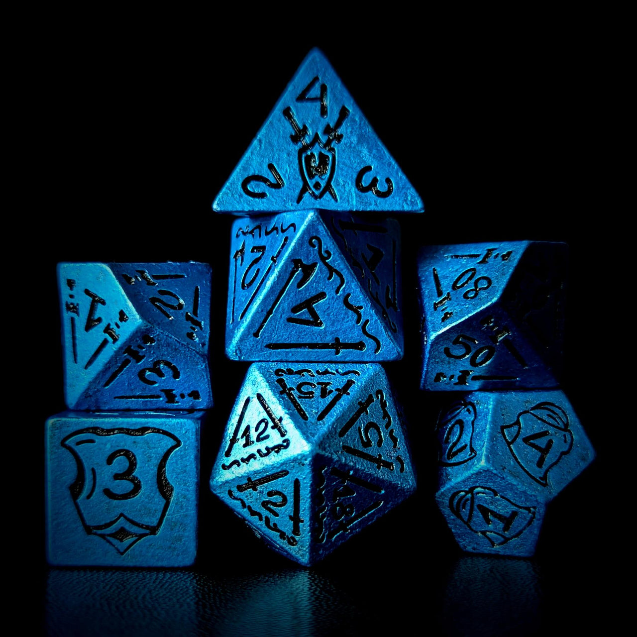 7pcs RPG Full Dice Set - Black Pattern on Blue Resin
