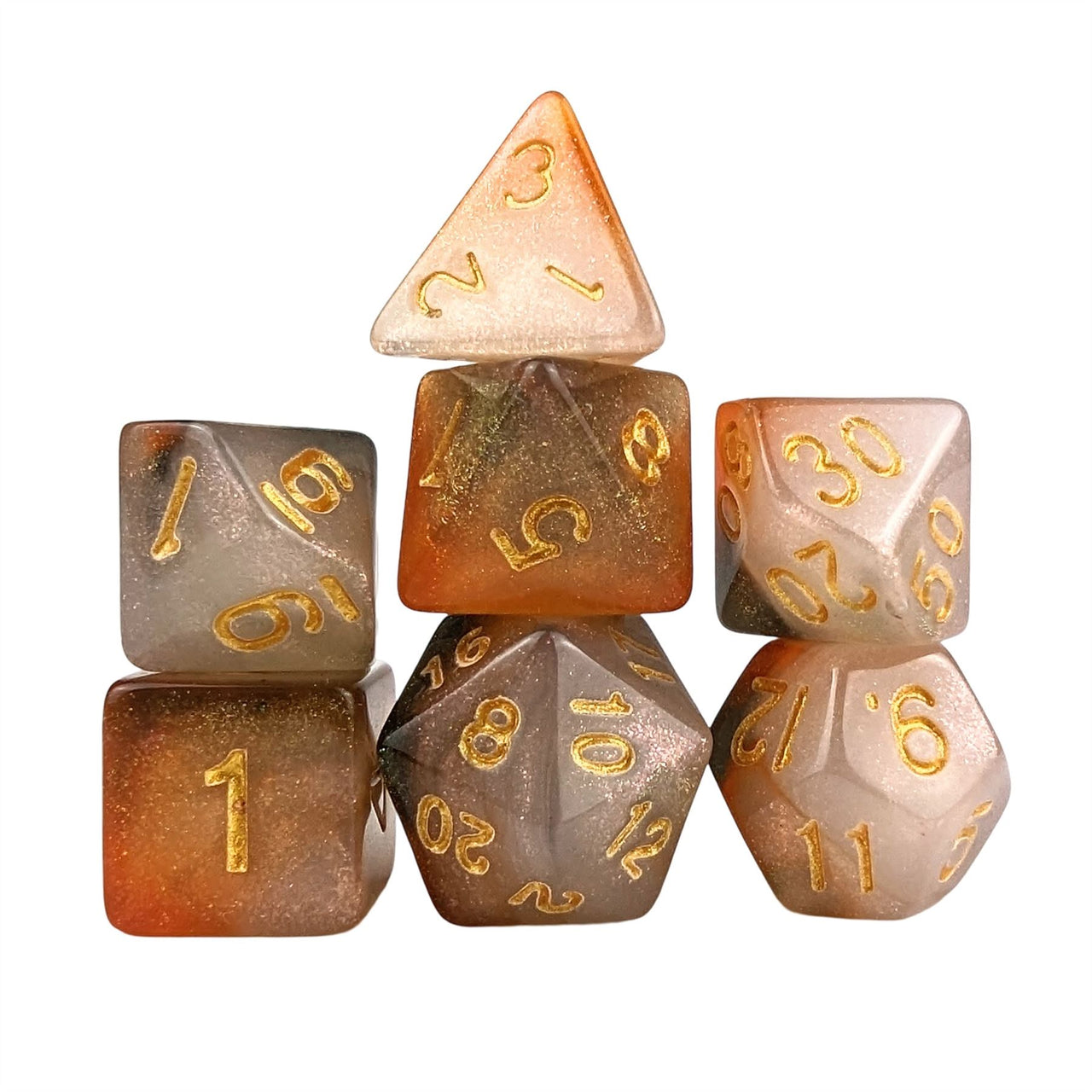 Glitter in Orange & White Acrylic - 7pcs RPG Full Dice Set White Stack