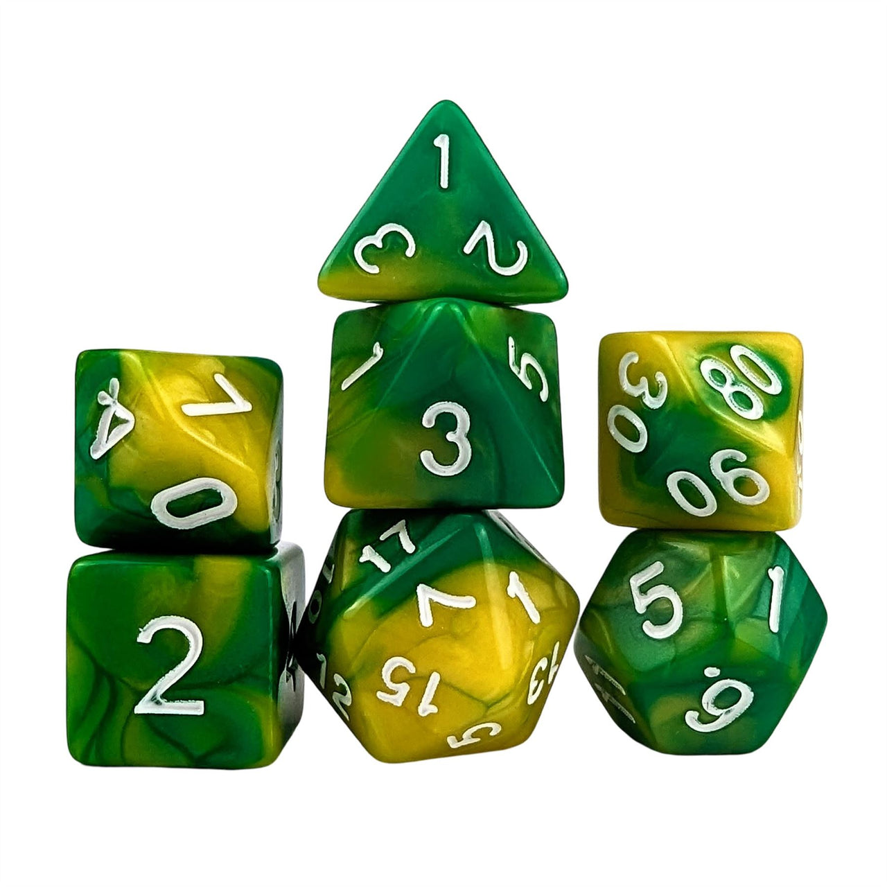 Blend of Green & Yellow Acrylic - 7pcs RPG Full Dice Set White Stack