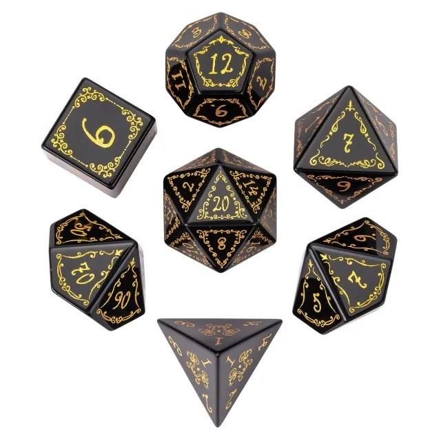 7pcs Dice Gem Stone Obsidian Scroll Gold Font Black