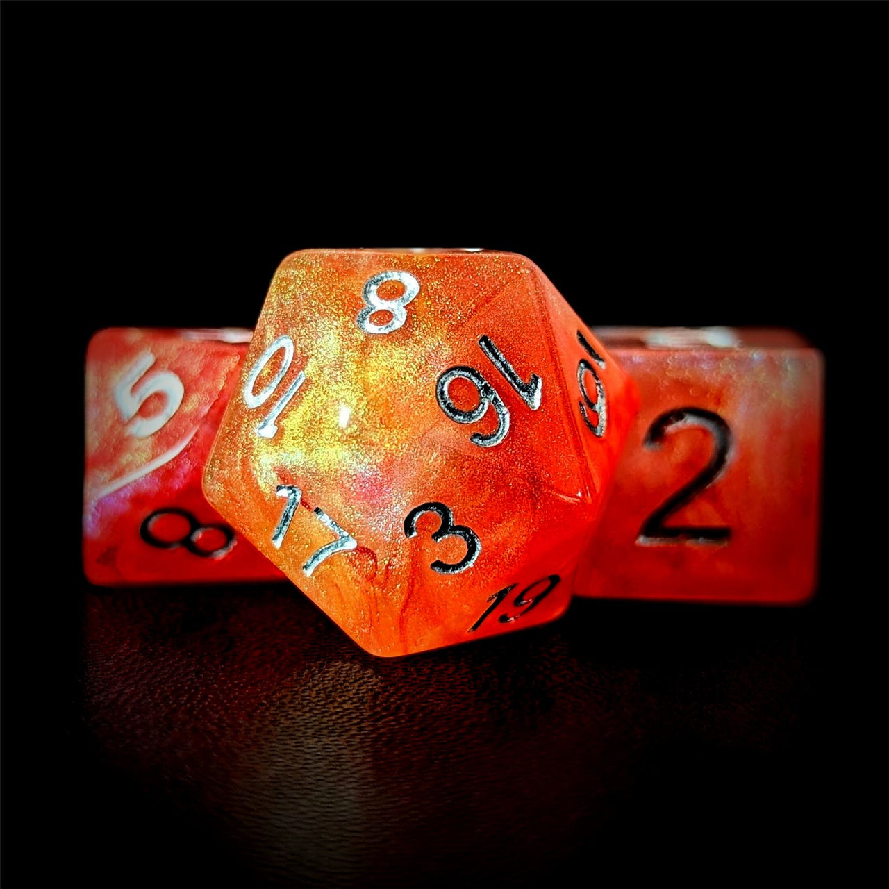 Glitter in Orange & Red Resin - 7pcs RPG Full Dice Set