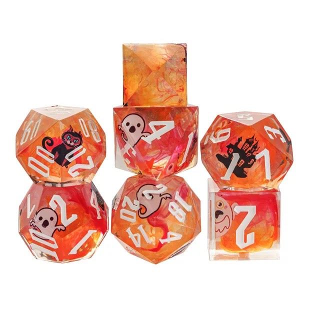 Halloween Ghosts in Orange Filled Sharp Resin - 7pcs RPG Dice Set