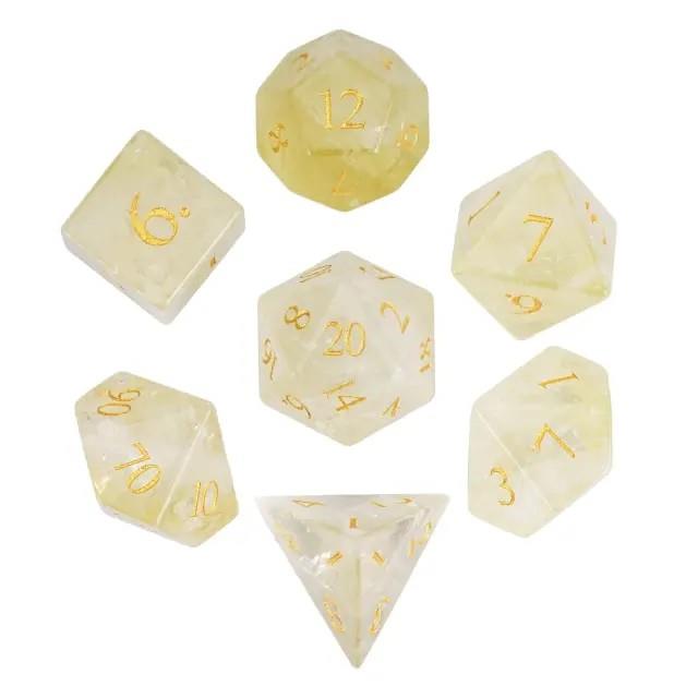 7pcs Dice Gem Stone Quartz Gold Font Yellow White